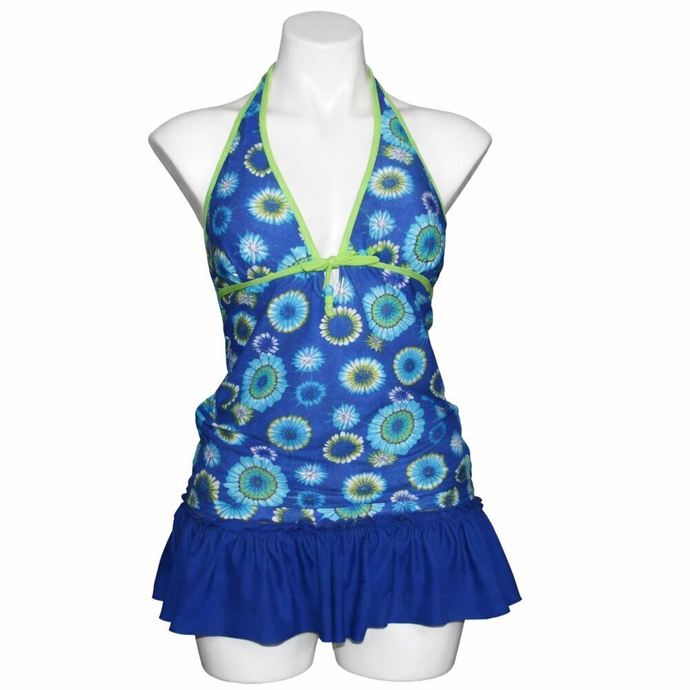 Arizona Jean Co. 2-Piece Halter Skirtini Swimsuit Set Blue Green Tie Dye L/XL